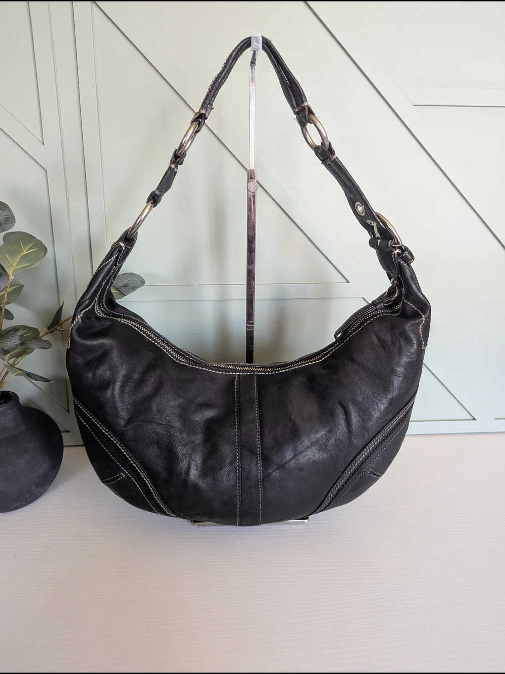 Coach Black Leather Hobo with Contrast Stitching